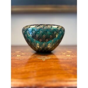 Signed Barbini Murano Art Glass Bowl Emerald Green Gold Aventurine Label 6"
